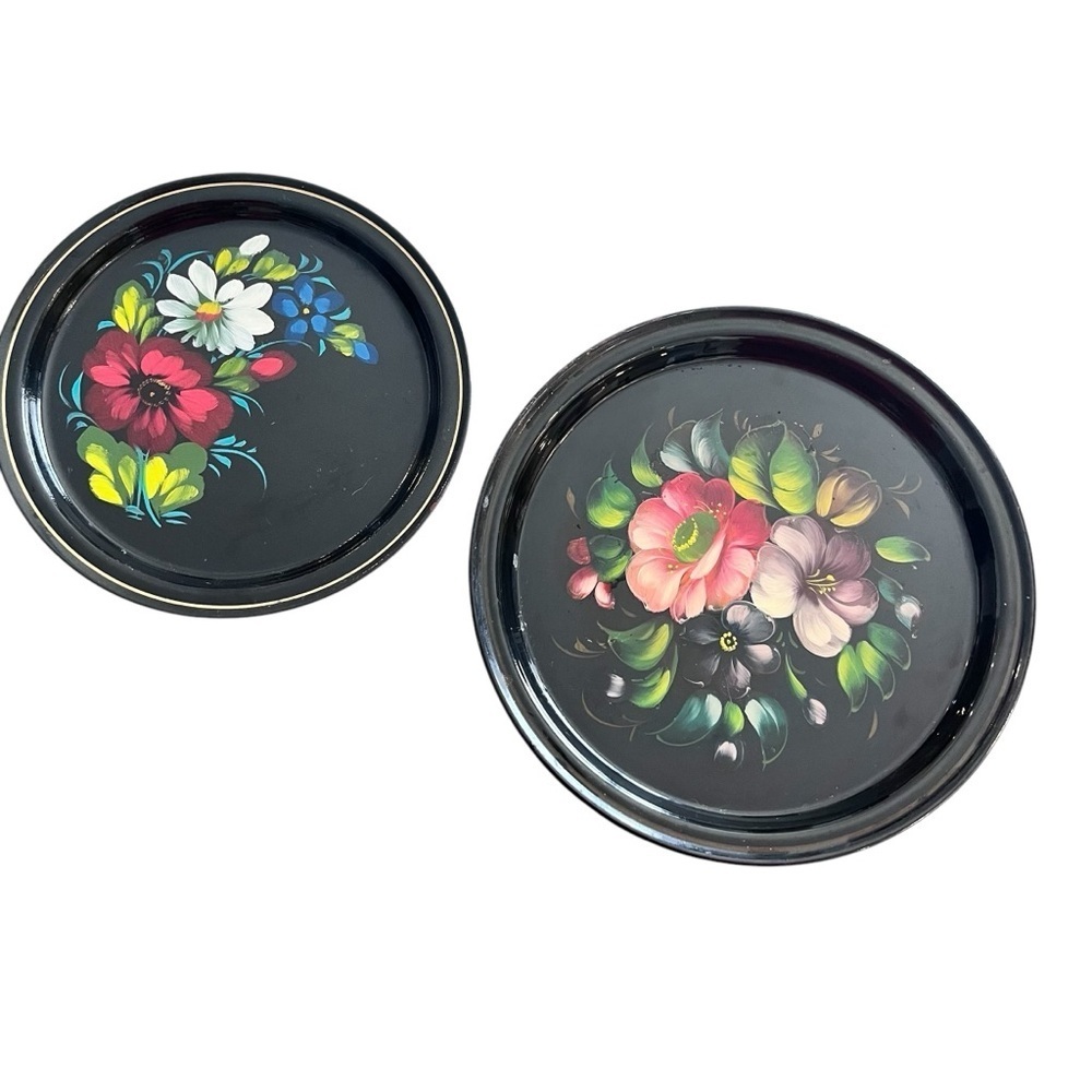 Vintage Russian Floral Decorative Tole Painted Floral Metal Plates Folk Art